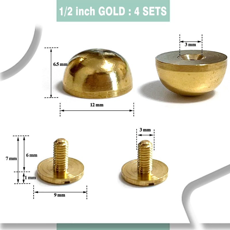 honigo 8 Pcs Gold Rivets Stud Handbag Purse Feet 1/2 inch Round Metal Solid Brass Studs Screw Back Feet 12mm Buckle Spikes Leathercraft for Leather Bag Totes DIY Craft - Image 2